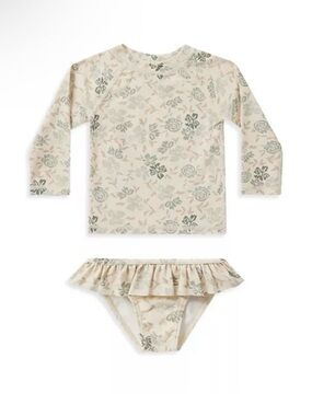 Rylee + Cru Cream Floral Long-Sleeve Rashguard Swimsuit set